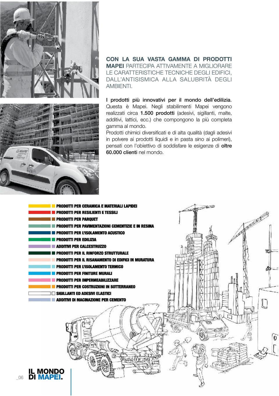 500 prodotti (adesivi, sigillanti, malte, additivi, lattici, ecc.) che compongono la più completa gamma al mondo.