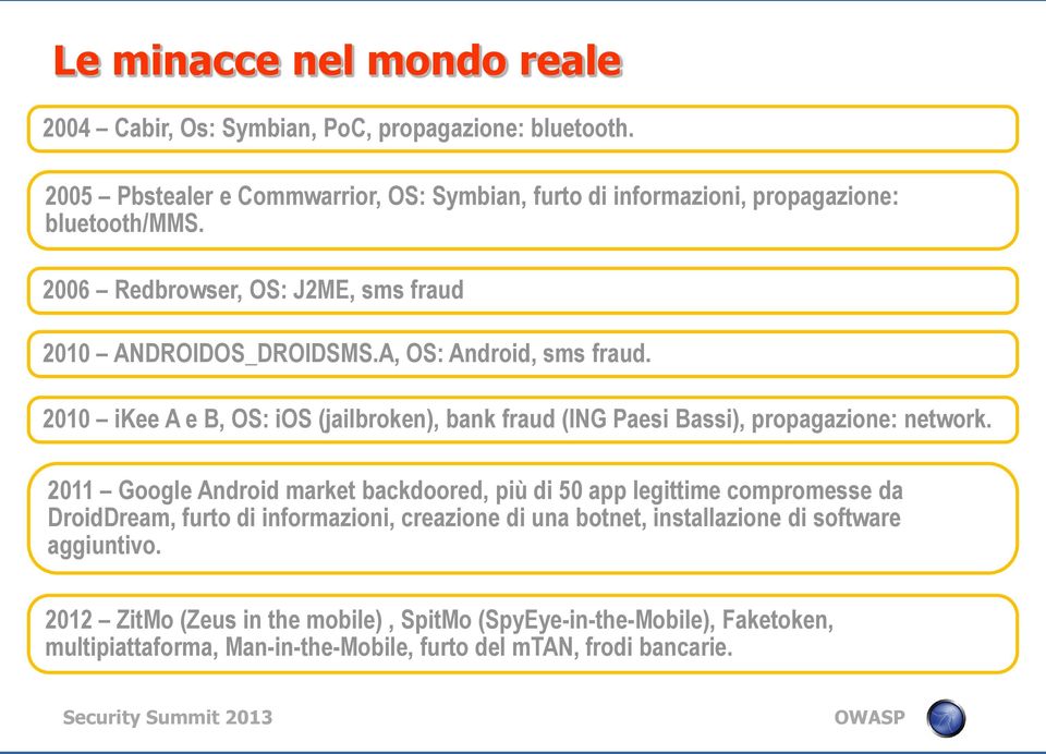 A, OS: Android, sms fraud. 2010 ikee A e B, OS: ios (jailbroken), bank fraud (ING Paesi Bassi), propagazione: network.
