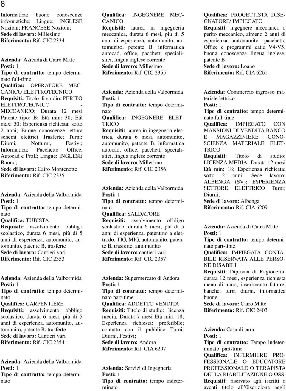 lettura schemi elettrici Trasferte; Turni: Diurni, Notturni, Festivi; Informatica: Pacchetto Office, Autocad e ProE; Lingue: INGLESE Buono; Sede di lavoro: Cairo Montenotte Riferimento: Rif.