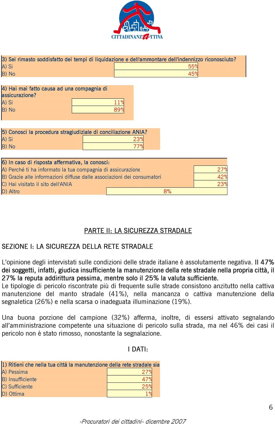 A) Si 23% B) No 77% 6) In caso di risposta affermativa, la conosci: A) Perché ti ha informato la tua compagnia di assicurazione 27% B) Grazie alle informazioni diffuse dalle associazioni dei