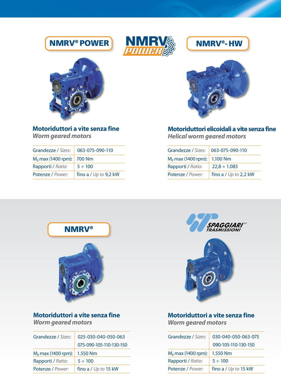 083 fino a / Up to 2,2 kw NMRV TM Motoriduttori a vite senza fine Worm geared motors Grandezze / Sizes: 025-030-040-050-063 075-090-105-110-130-150 M₂ max (1400 rpm): 1.