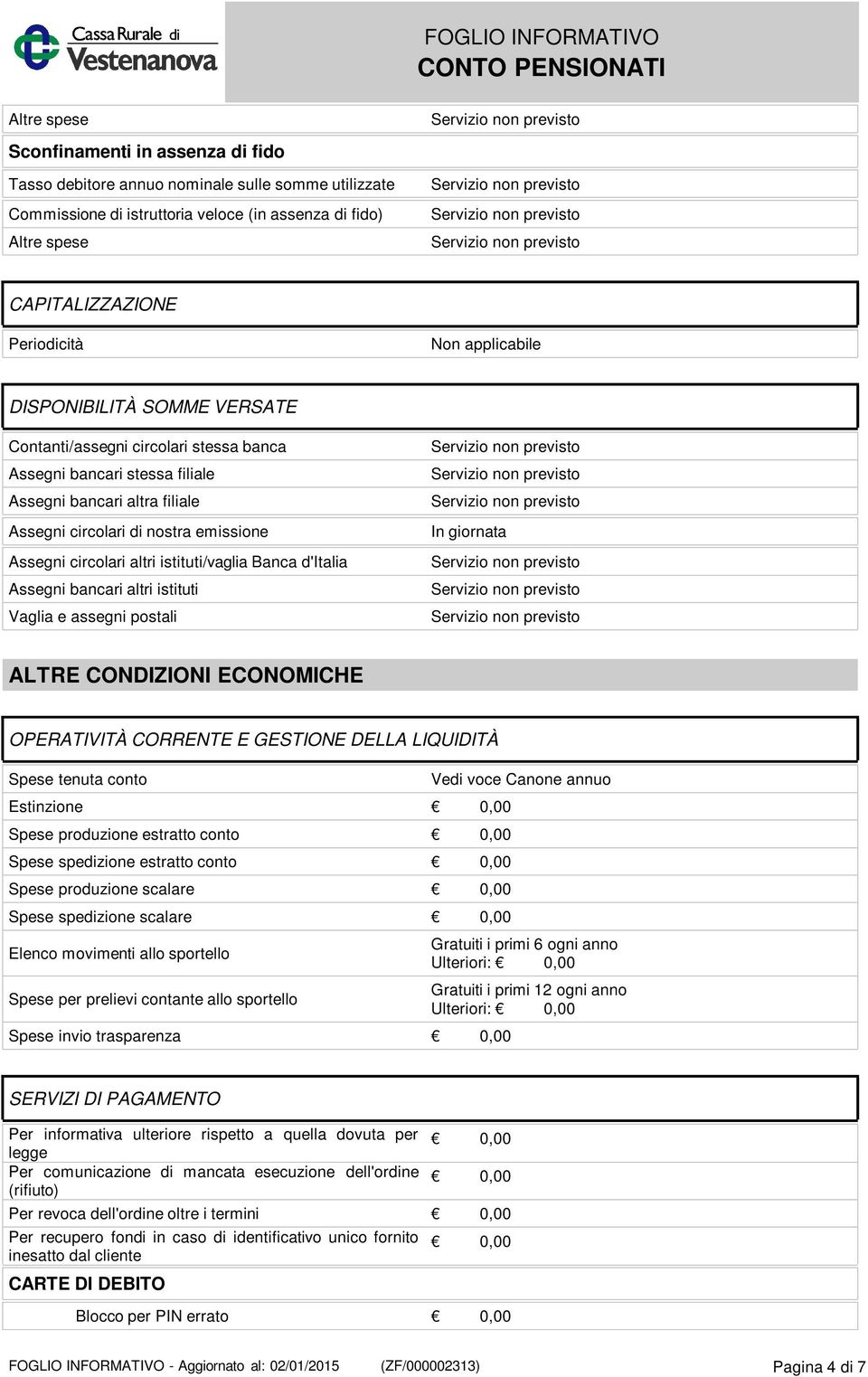 altri istituti/vaglia Banca d'italia Assegni bancari altri istituti Vaglia e assegni postali In giornata ALTRE CONDIZIONI ECONOMICHE OPERATIVITÀ CORRENTE E GESTIONE DELLA LIQUIDITÀ Spese tenuta conto