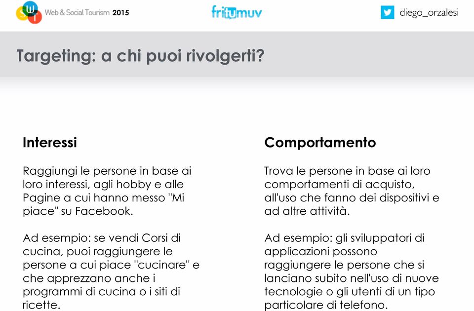 Ad esempio: se vendi Corsi di cucina, puoi raggiungere le persone a cui piace "cucinare" e che apprezzano anche i programmi di cucina o i siti di ricette.