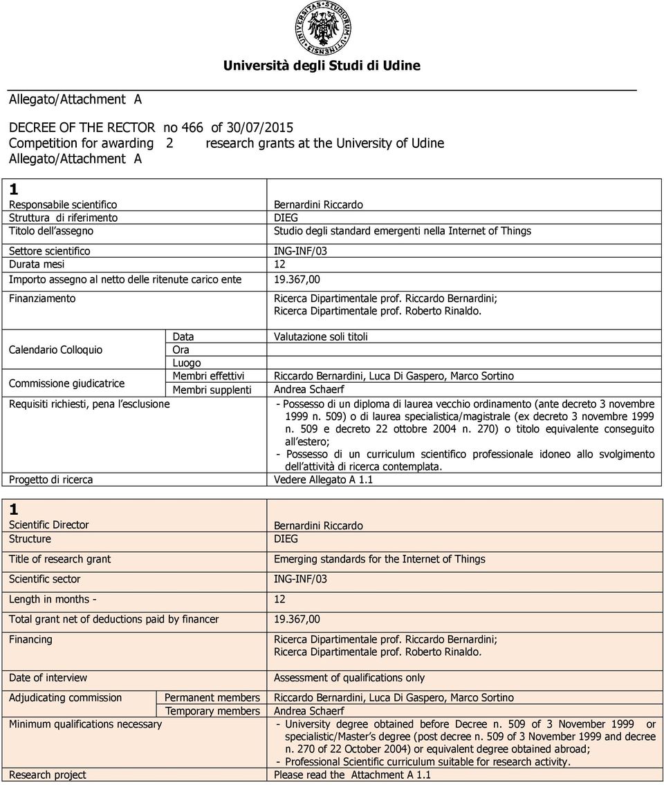 367,00 Finanziamento Bernardini Riccardo DIEG Studio degli standard emergenti nella Internet of Things Ricerca Dipartimentale prof. Riccardo Bernardini; Ricerca Dipartimentale prof. Roberto Rinaldo.