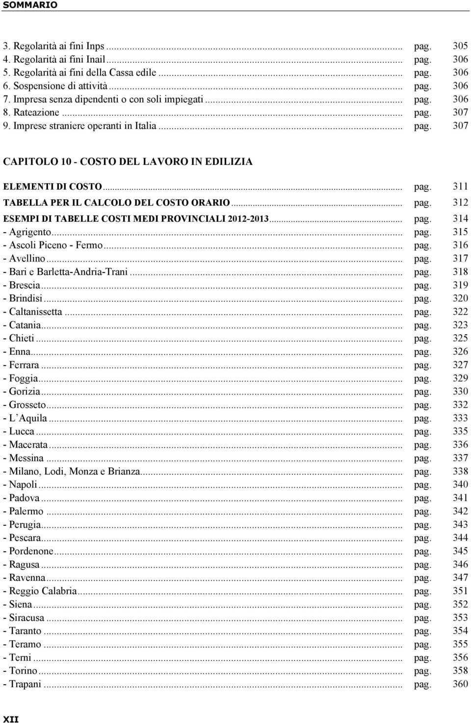 .. pag. 311 TABELLA PER IL CALCOLO DEL COSTO ORARIO... pag. 312 ESEMPI DI TABELLE COSTI MEDI PROVINCIALI 2012-2013... pag. 314 - Agrigento... pag. 315 - Ascoli Piceno - Fermo... pag. 316 - Avellino.