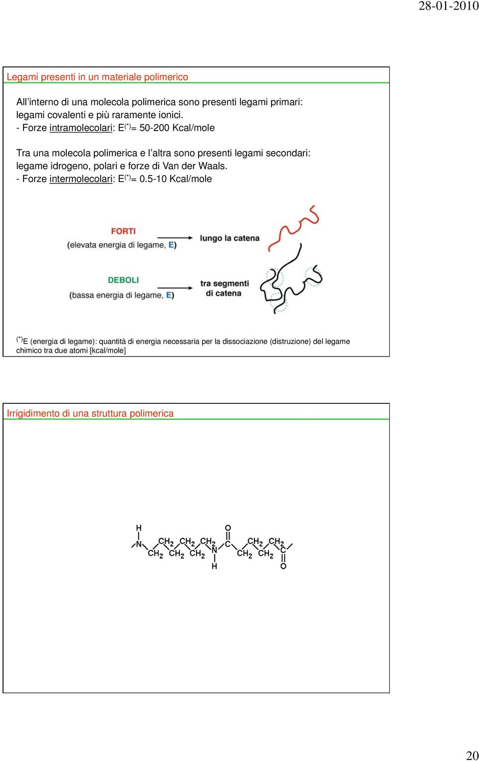 - Forze intramolecolari: E (*) = 50-200 Kcal/mole Tra una molecola polimerica e l altra sono presenti legami secondari: legame idrogeno,