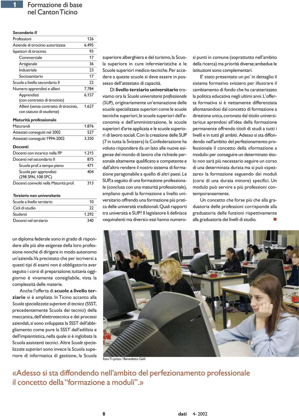 57 (con contratto di tirocinio) Allievi (senza contratto di tirocinio,.627 con statuto di studente) Maturità Maturandi.876 Attestati conseguiti nel 2002 527 Attestati conseguiti 994-2002 3.