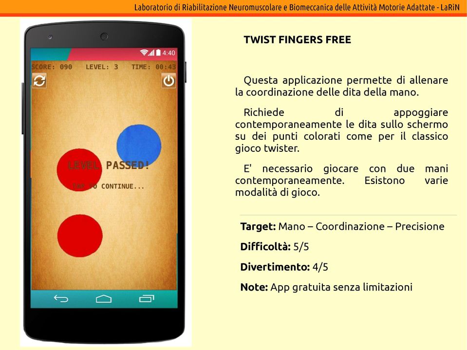 come per il classico gioco twister. E' necessario giocare con due mani contemporaneamente.