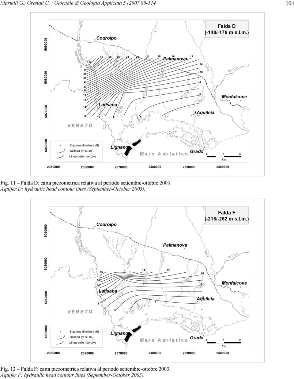 24 Fig 11 Falda D: carta piezometrica relativa al periodo settembre-ottobre 23 Aquifer D: hydraulic head contour lines (September-October 23) 9 Falda F (-216/-262 m slm) 7 8 16 14 Latisana 8 Stella