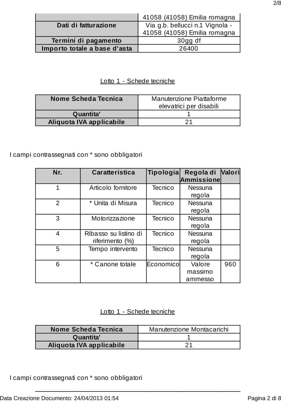 Tecnica Manutenzione Piattaforme elevatrici per disabili Quantita' 1 3 Motorizzazione 4 Ribasso su listino di 5 Tempo