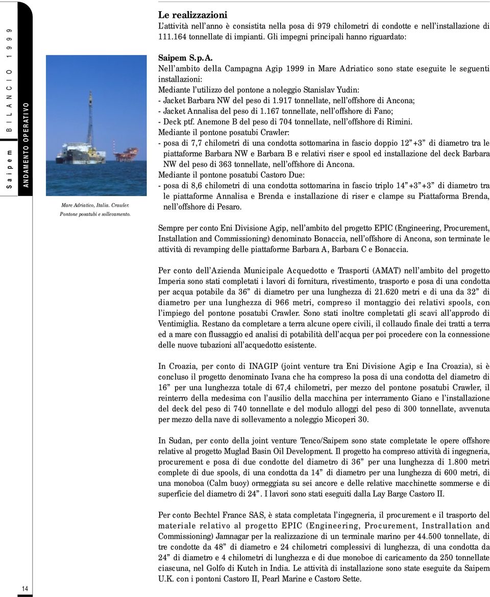 Nell ambito della Campagna Agip 1999 in Mare Adriatico sono state eseguite le seguenti installazioni: Mediante l utilizzo del pontone a noleggio Stanislav Yudin: - Jacket Barbara NW del peso di 1.