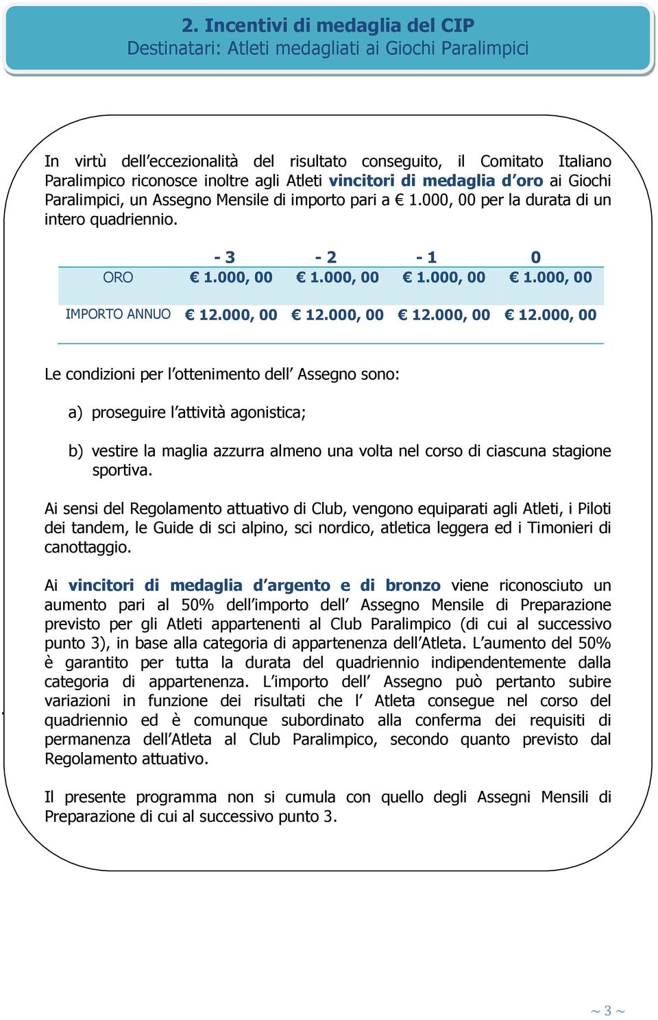 000, 00 12.000, 00 12.000, 00 12.000, 00 Le condizioni per l ottenimento dell Assegno sono: a) proseguire l attività agonistica; b) vestire la maglia azzurra almeno una volta nel corso di ciascuna stagione sportiva.