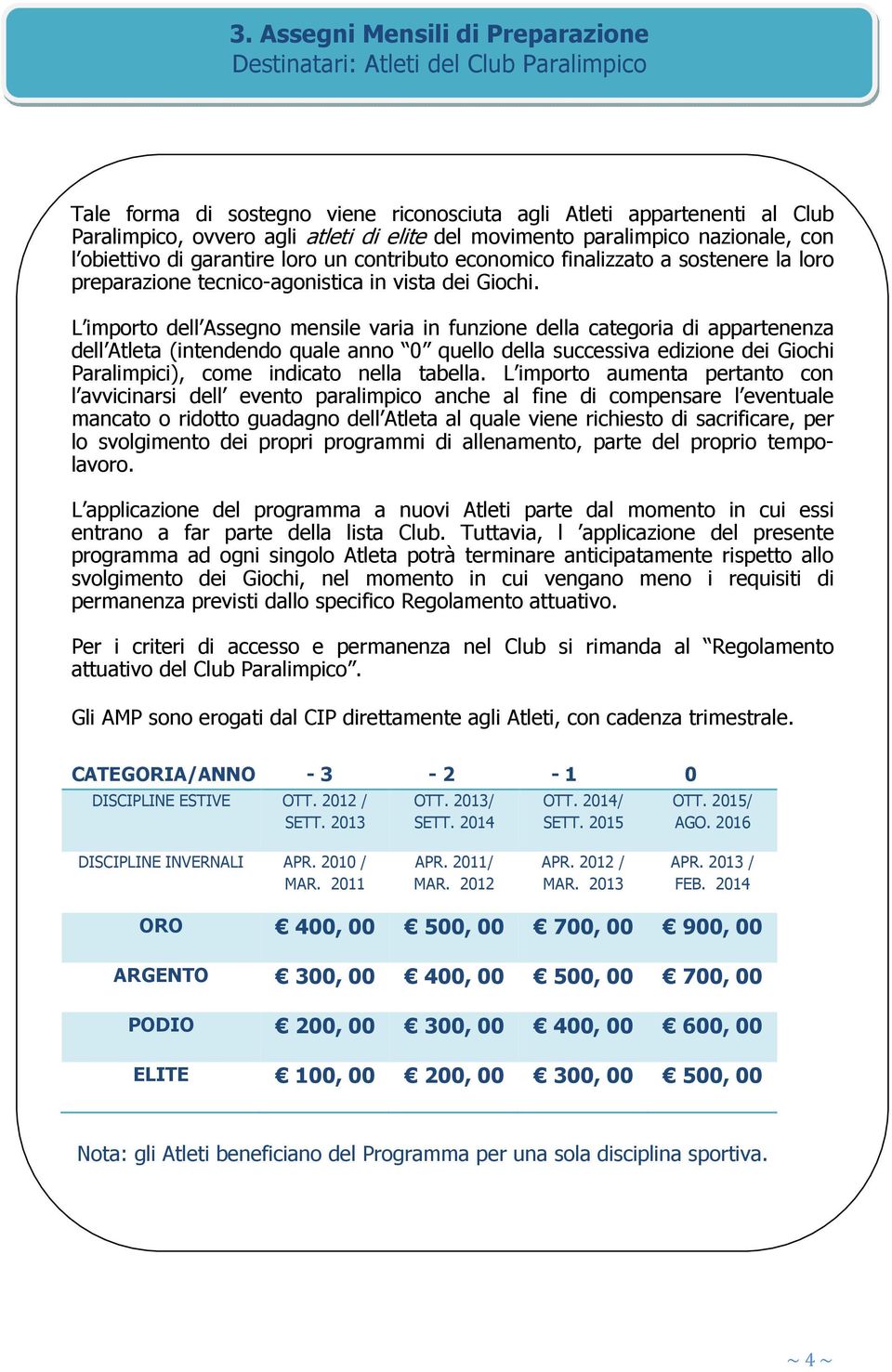 L importo dell Assegno mensile varia in funzione della categoria di appartenenza dell Atleta (intendendo quale anno 0 quello della successiva edizione dei Giochi Paralimpici), come indicato nella