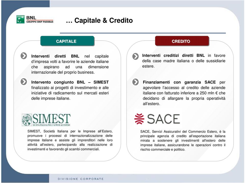 Interventi creditizi diretti BNL in favore della case madre italiana o delle sussidiarie estere.