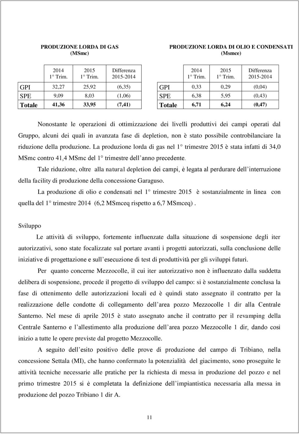 Differenza 2015-2014 GPI 32,27 25,92 (6,35) GPI 0,33 0,29 (0,04) SPE 9,09 8,03 (1,06) SPE 6,38 5,95 (0,43) Totale 41,36 33,95 (7,41) Totale 6,71 6,24 (0,47) Nonostante le operazioni di ottimizzazione