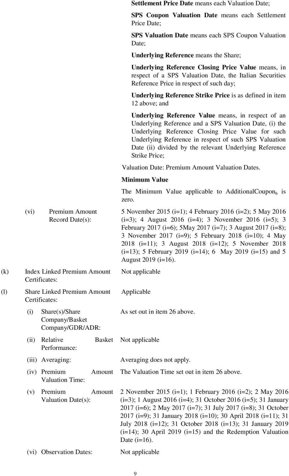 Valuation Date means each Settlement Price Date; SPS Valuation Date means each SPS Coupon Valuation Date; Underlying Reference means the Share; Underlying Reference Closing Price Value means, in