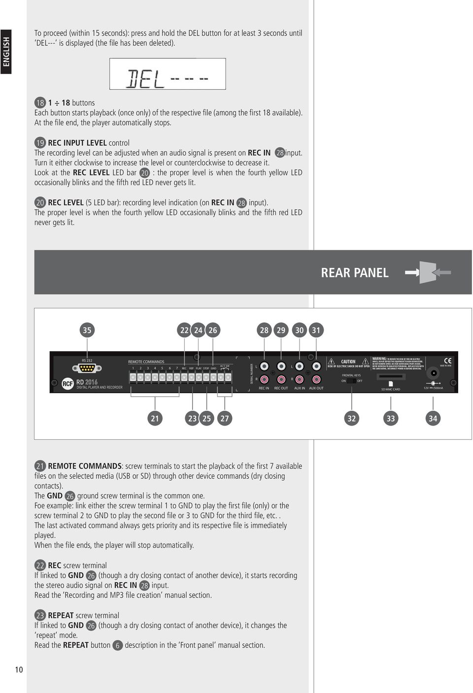 19 REC INPUT LEVEL control The recording level can be adjusted when an audio signal is present on REC IN 28 input. Turn it either clockwise to increase the level or counterclockwise to decrease it.