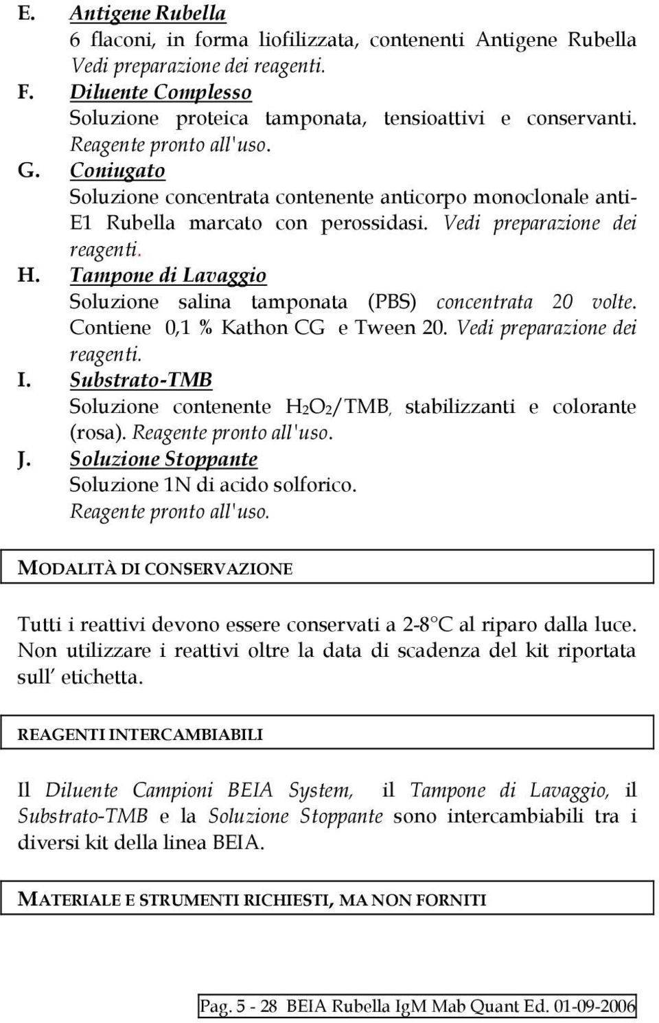 Tampone di Lavaggio Soluzione salina tamponata (PBS) concentrata 20 volte. Contiene 0,1 % Kathon CG e Tween 20. Vedi preparazione dei reagenti. I.