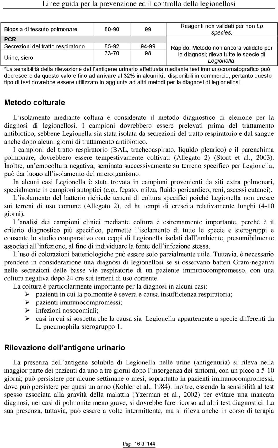 *La sensibilità della rilevazione dellì antigene urinario effettuata mediante test immunocromatografico può decrescere da questo valore fino ad arrivare al 32% in alcuni kit disponibili in commercio,