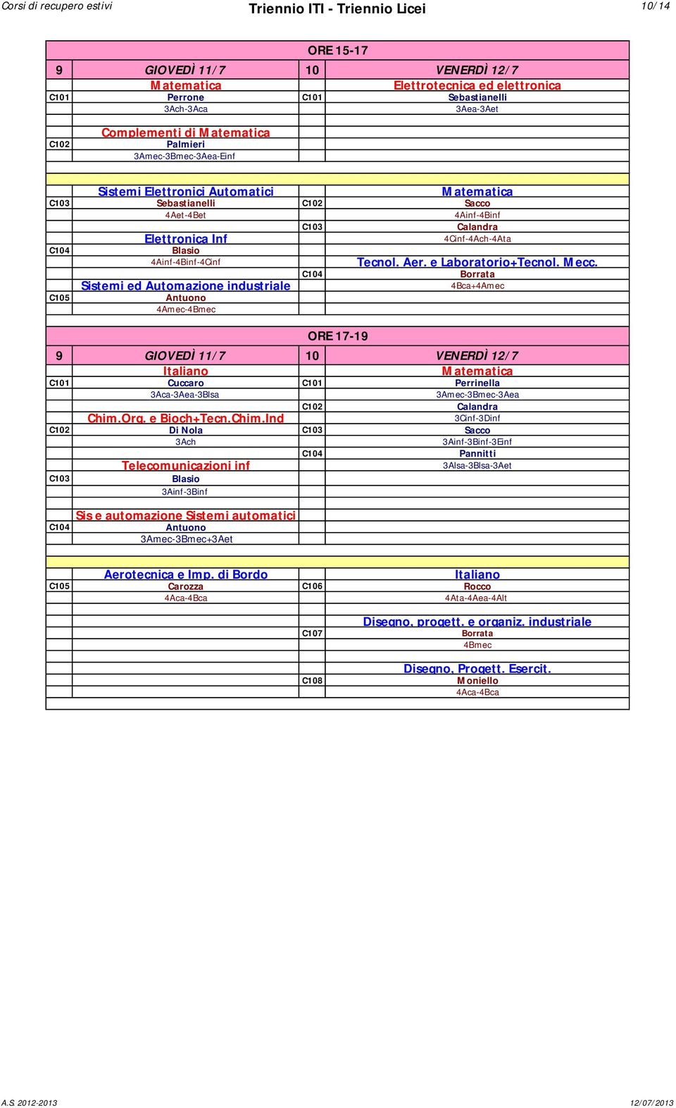 C105 4Amec-4Bmec Tecnol. Aer. e Laboratorio+Tecnol. Mecc. ORE 17-19 9 GIOVEDÌ 11/7 10 VENERDÌ 12/7 C101 Cuccaro C101 Perrinella 3Aca-3Aea-3Blsa 3Amec-3Bmec-3Aea Chim.