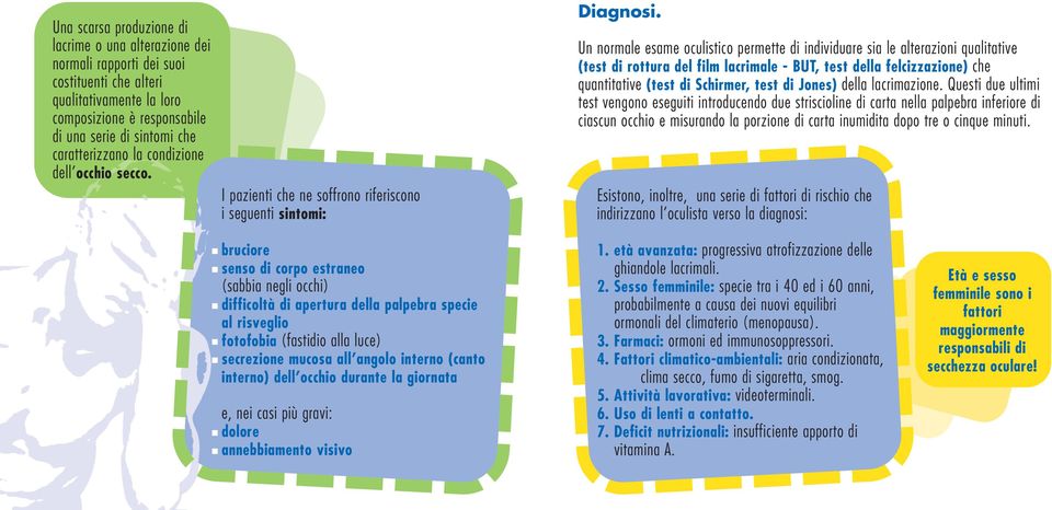 Un normale esame oculistico permette di individuare sia le alterazioni qualitative (test di rottura del film lacrimale - BUT, test della felcizzazione) che quantitative (test di Schirmer, test di