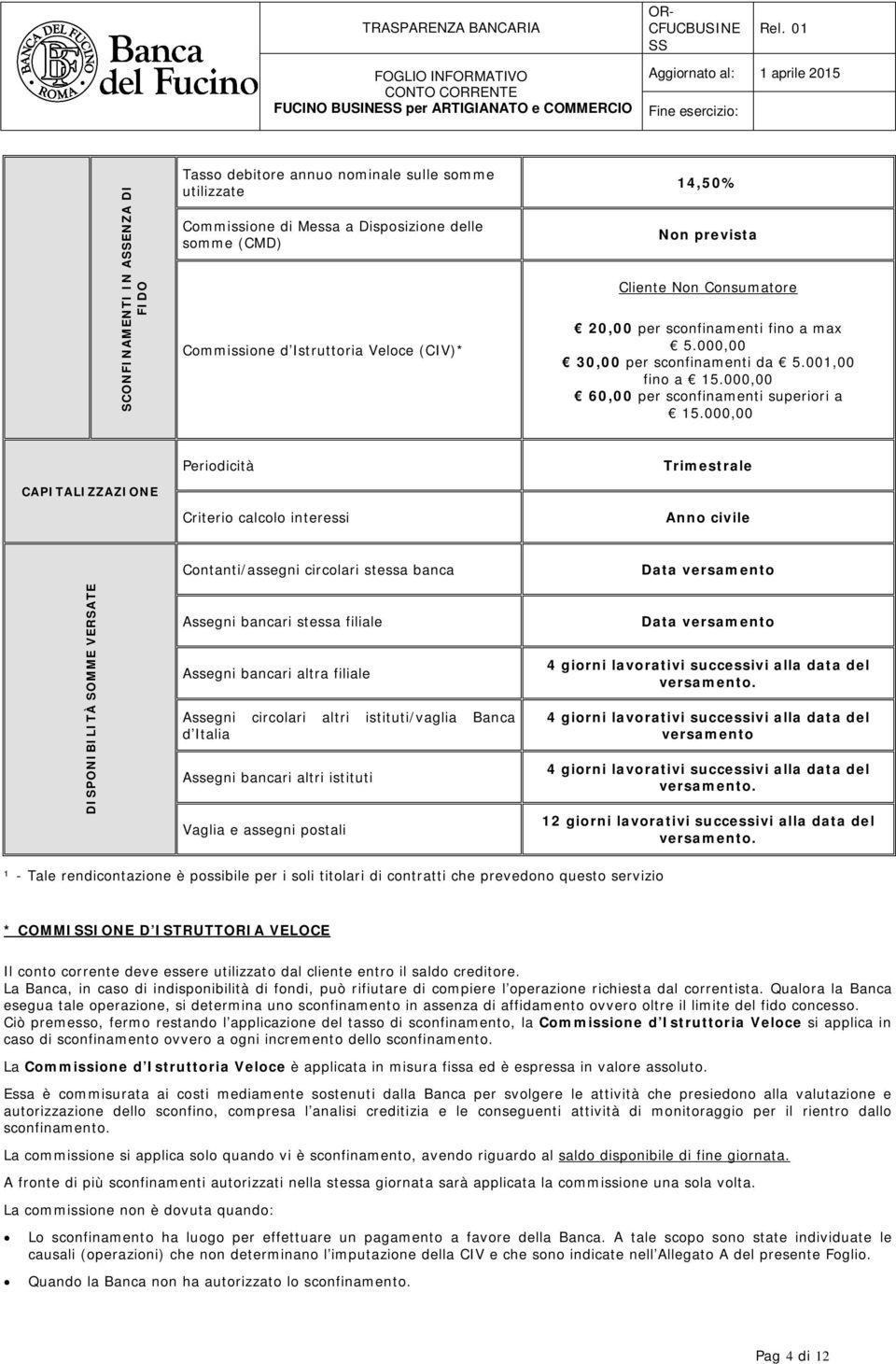 000,00 CAPITALIZZAZIONE Periodicità Criterio calcolo interessi Trimestrale Anno civile Contanti/assegni circolari stessa banca DISPONIBILITÀ SOMME VERSATE Assegni bancari stessa filiale Assegni