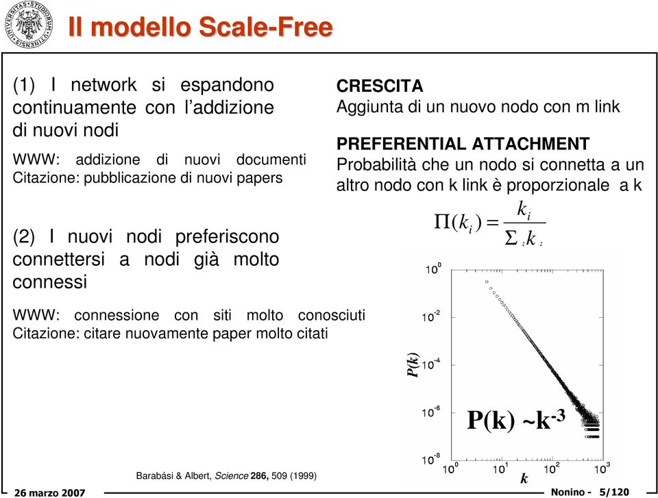 link PREFERENTIAL ATTACHMENT Probabilità che un nodo si connetta a un altro nodo con k link è proporzionale a k Π ( k ) = i ki Σ k j j WWW: