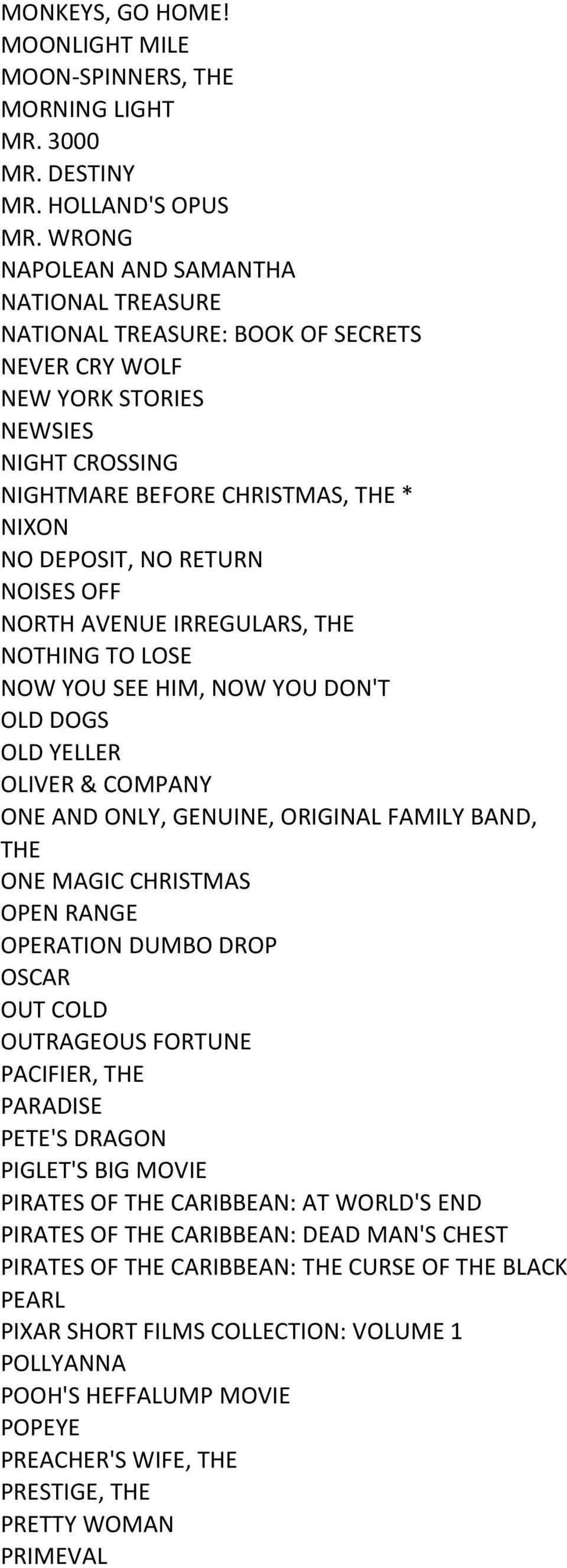 NOISES OFF NORTH AVENUE IRREGULARS, THE NOTHING TO LOSE NOW YOU SEE HIM, NOW YOU DON'T OLD DOGS OLD YELLER OLIVER & COMPANY ONE AND ONLY, GENUINE, ORIGINAL FAMILY BAND, THE ONE MAGIC CHRISTMAS OPEN