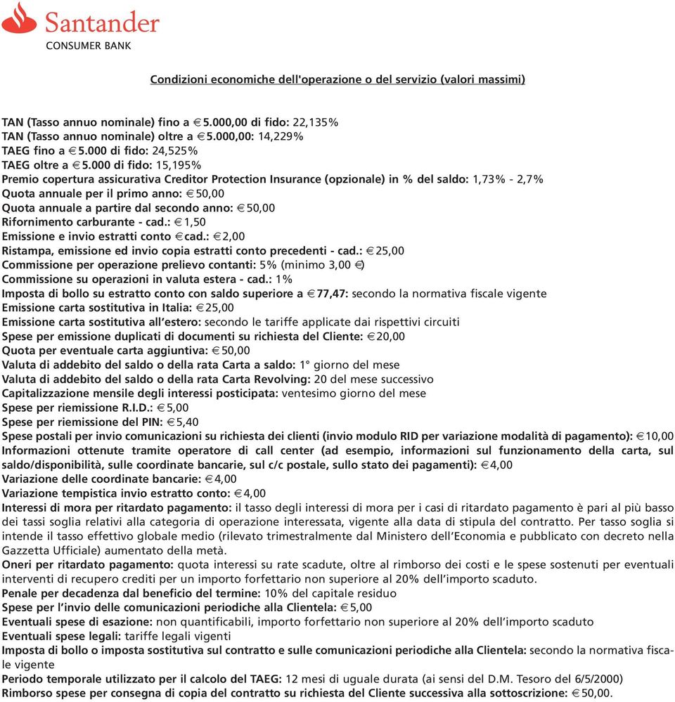 000 di fido: 15,195% Premio copertura assicurativa Creditor Protection Insurance (opzionale) in % del saldo: 1,73% - 2,7% Quota annuale per il primo anno: 50,00 Quota annuale a partire dal secondo