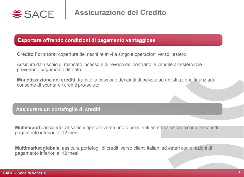 un istituzione finanziaria consente di scontare i crediti pro-soluto Assicurare un portafoglio di crediti Multiexport: assicura transazioni ripetute verso uno o più clienti esteri