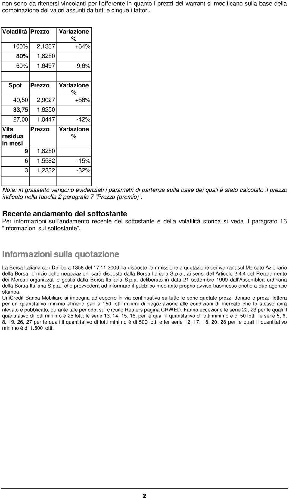 1,5582-15% 3 1,2332-32% Nota: in grassetto vengono evidenziati i parametri di partenza sulla base dei quali è stato calcolato il prezzo indicato nella tabella 2 paragrafo 7 Prezzo (premio).