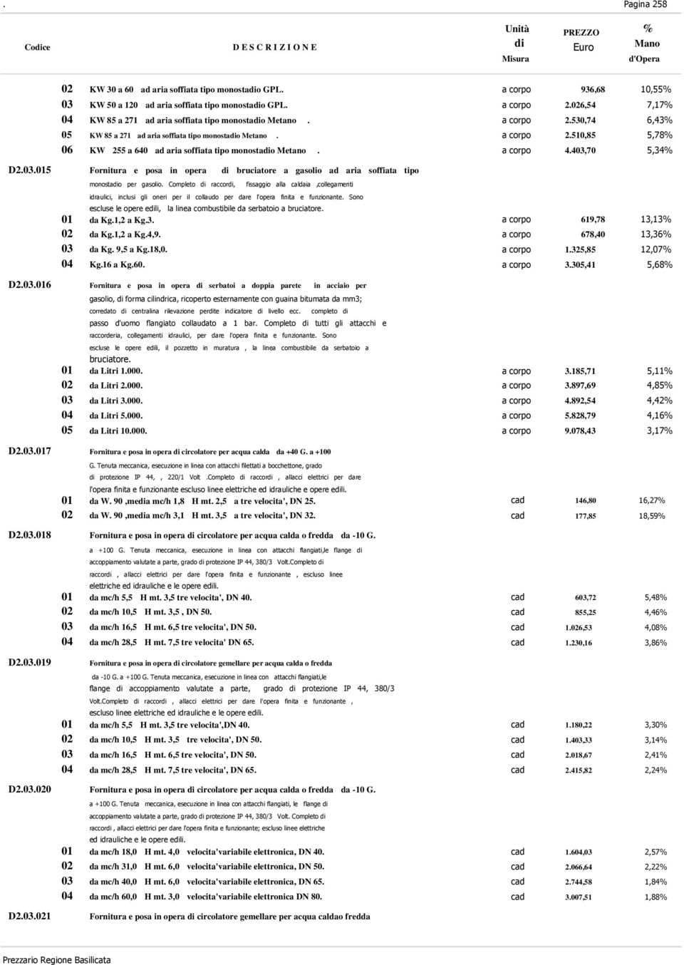 510,85 5,78 a corpo 4.403,70 5,34 D2.03.015 Fornitura e posa in opera bruciatore a gasolio ad aria soffiata tipo monostao per gasolio.