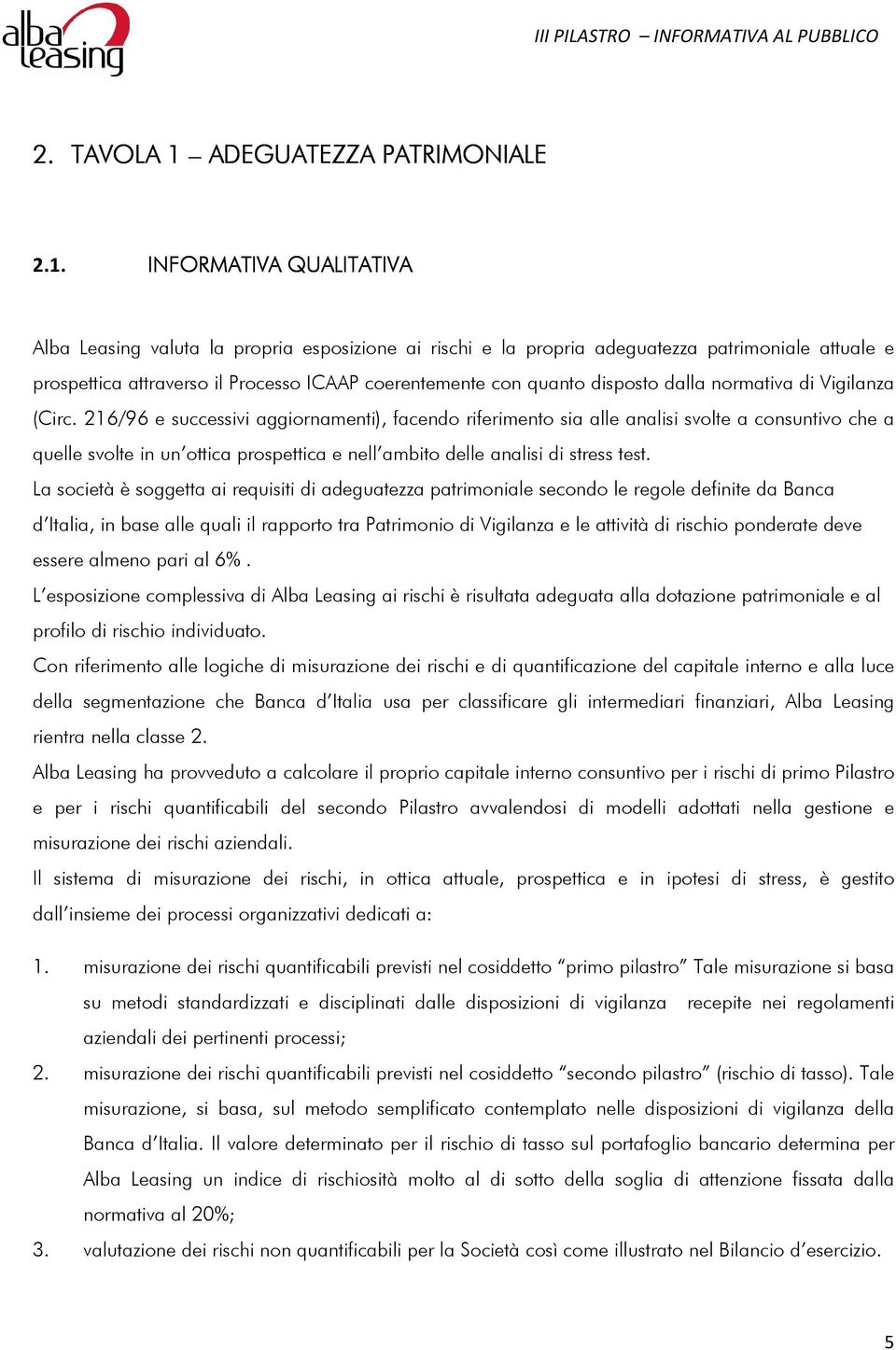 INFORMATIVA QUALITATIVA Alba Leasing valuta la propria esposizione ai rischi e la propria adeguatezza patrimoniale attuale e prospettica attraverso il Processo ICAAP coerentemente con quanto disposto