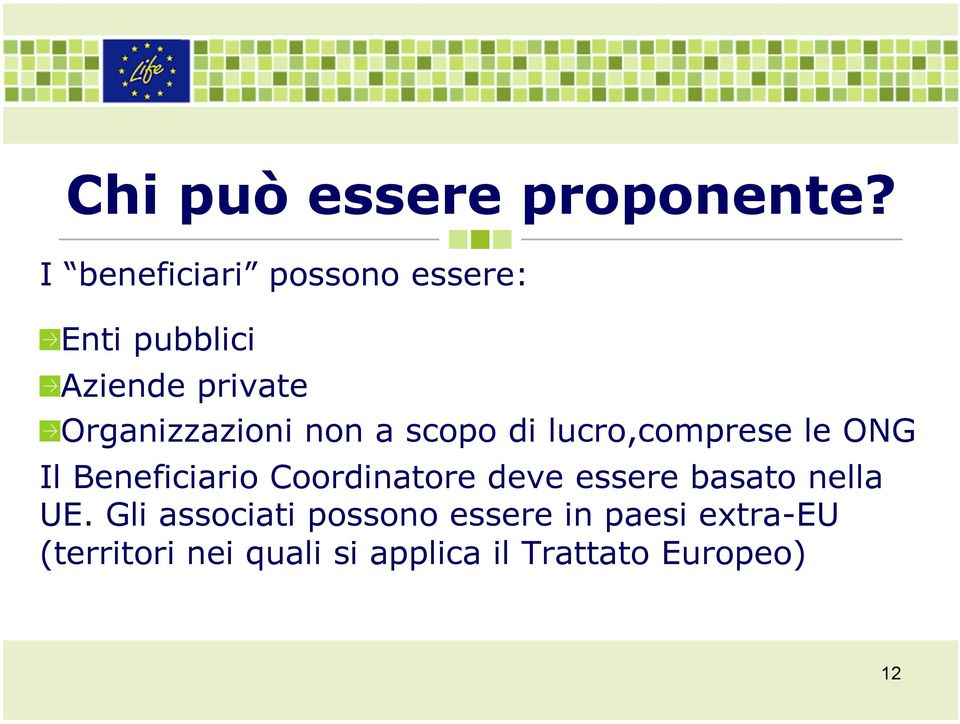 non a scopo di lucro,comprese le ONG Il Beneficiario Coordinatore deve