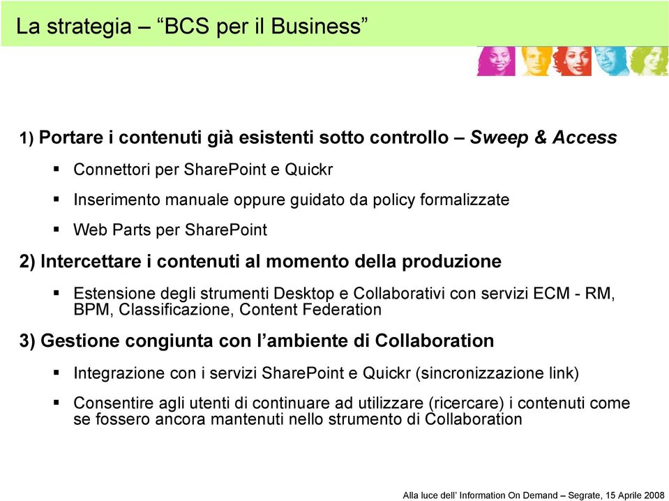 con servizi ECM - RM, BPM, Classificazione, Content Federation 3) Gestione congiunta con l ambiente di Collaboration Integrazione con i servizi SharePoint e Quickr