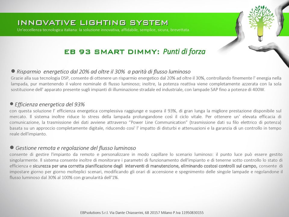 oltre il 30%, controllando finemente l' energia nella lampada, pur mantenendo il valore nominale di flusso luminoso; inoltre, la potenza reattiva viene completamente azzerata con la sola sostituzione