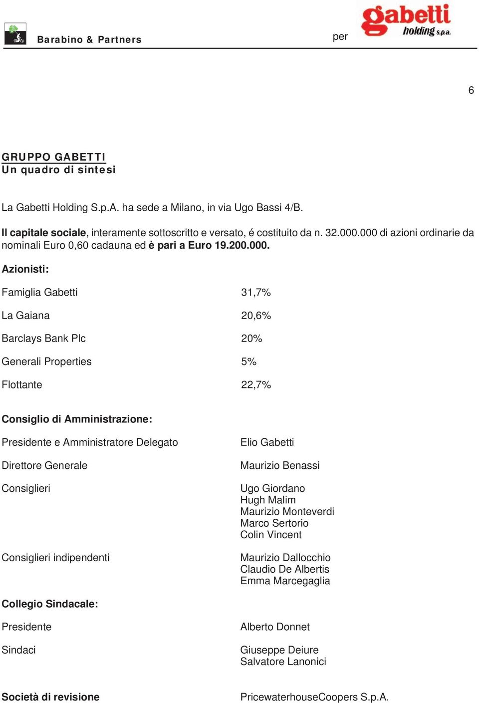 Consiglio di Amministrazione: Presidente e Amministratore Delegato Direttore Generale Consiglieri Consiglieri indipendenti Elio Gabetti Maurizio Benassi Ugo Giordano Hugh Malim Maurizio
