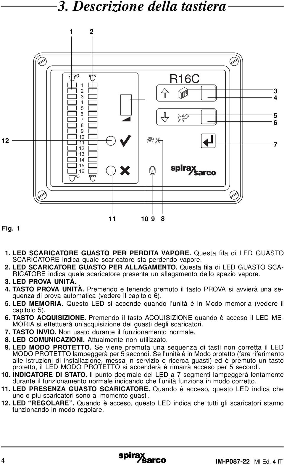 Premendo e tenendo premuto il tasto PROVA si avvierà una sequenza di prova automatica (vedere il capitolo ).. LED MEMORIA. Questo LED si accende quando l unità è in Modo memoria (vedere il capitolo ).