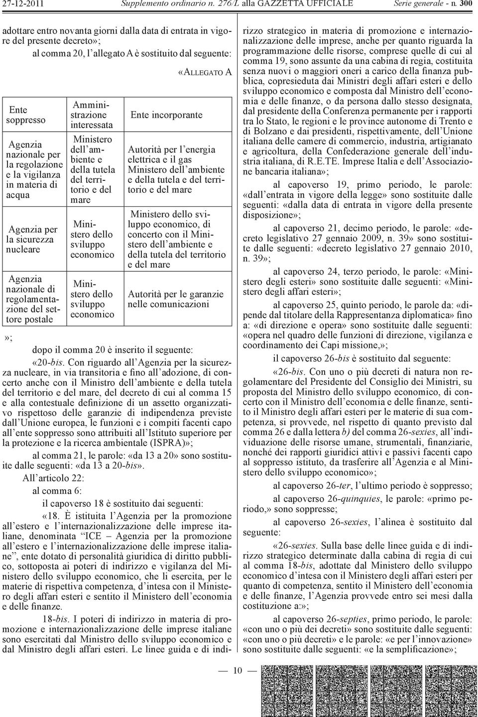 territorio e del mare Ministero dello sviluppo economico Ministero dello sviluppo economico Ente incorporante «A LLEGATO A Autorità per l energia elettrica e il gas Ministero dell ambiente e della