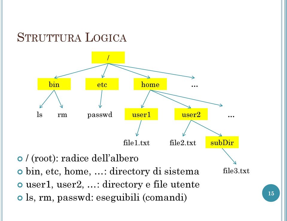 txt bin, etc, home, : directory di sistema user1, user2, :