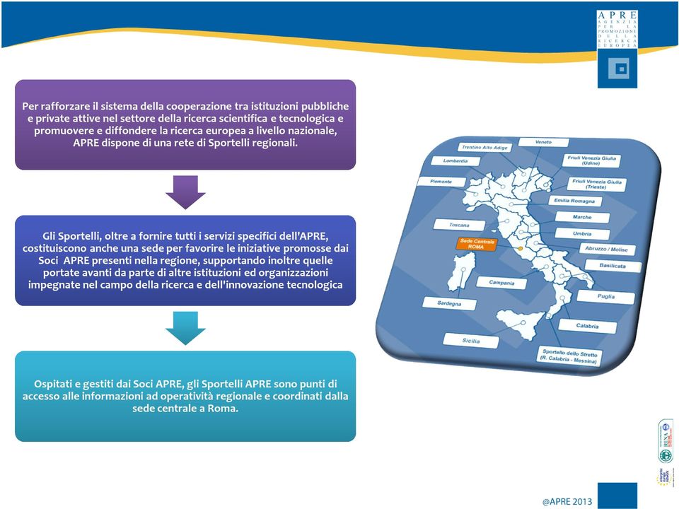 Gli Sportelli, oltre a fornire tutti i servizi specifici dell'apre, costituiscono anche una sede per favorire le iniziative promosse dai Soci APRE presenti nella regione, supportando