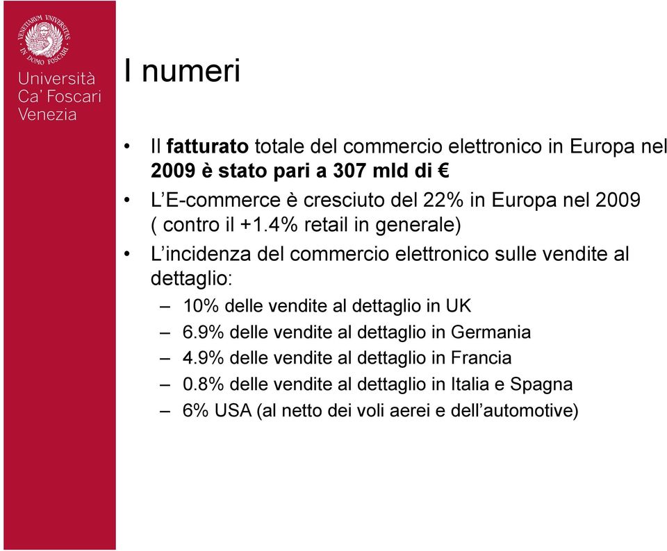 4% retail in generale) L incidenza del commercio elettronico sulle vendite al dettaglio: 10% delle vendite al dettaglio