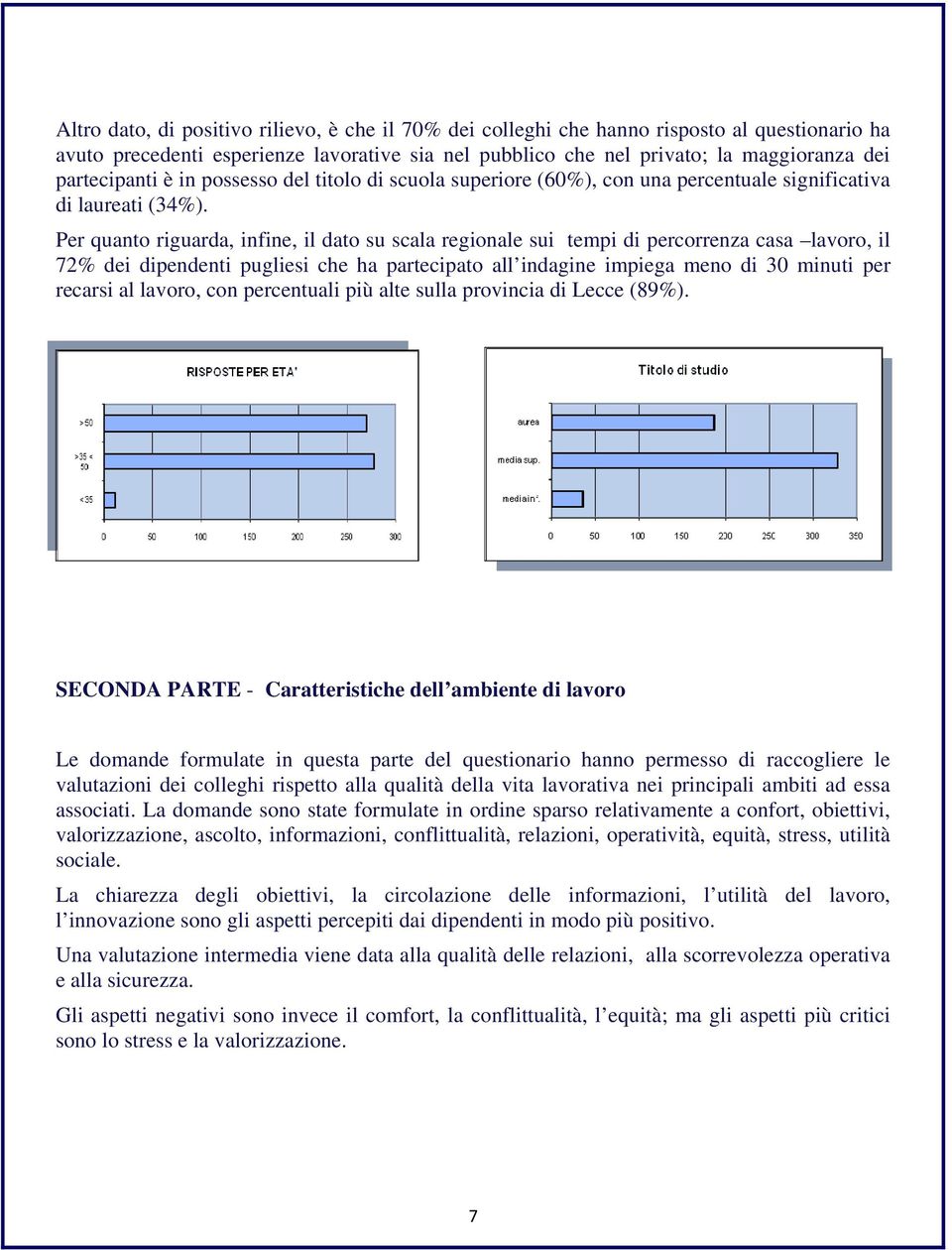 Per quanto riguarda, infine, il dato su scala regionale sui tempi di percorrenza casa lavoro, il 72% dei dipendenti pugliesi che ha partecipato all indagine impiega meno di 30 minuti per recarsi al