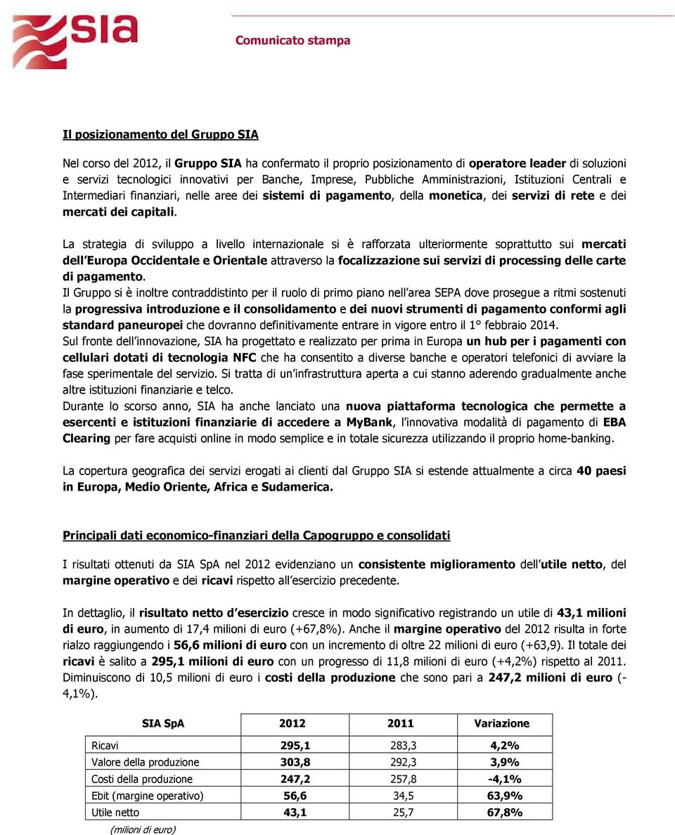 La strategia di sviluppo a livello internazionale si è rafforzata ulteriormente soprattutto sui mercati dell Europa Occidentale e Orientale attraverso la focalizzazione sui servizi di processing