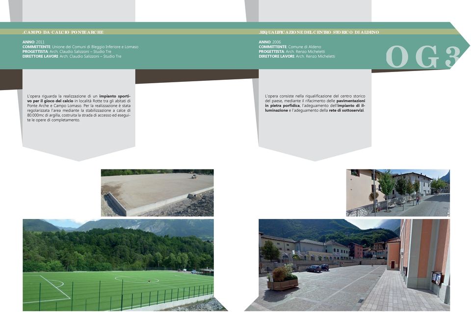 Renzo Micheletti OG3 L opera riguarda la realizzazione di un impianto sportivo per il gioco del calcio in località Rotte tra gli abitati di Ponte Arche e Campo Lomaso.