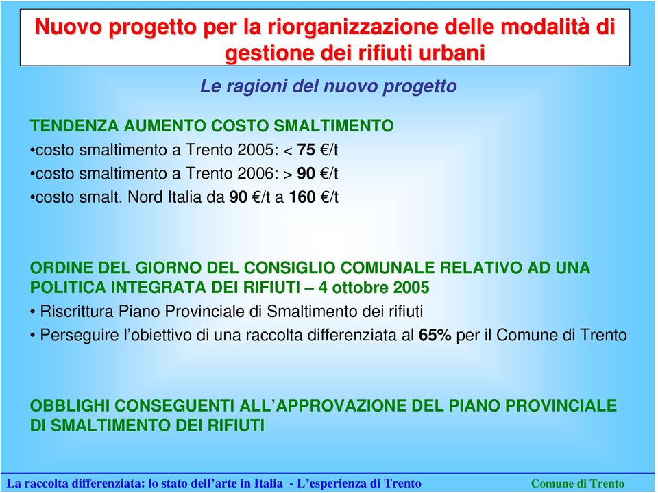 Nord Italia da 90 /t a 160 /t ORDINE DEL GIORNO DEL CONSIGLIO COMUNALE RELATIVO AD UNA POLITICA INTEGRATA DEI RIFIUTI 4 ottobre 2005