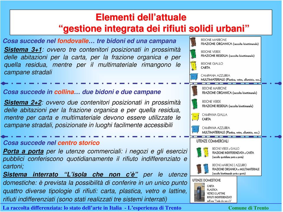 contenitori posizionati in prossimità delle abitazioni per la frazione organica e per quella residua, mentre per carta e multimateriale devono essere utilizzate le campane stradali, posizionate in