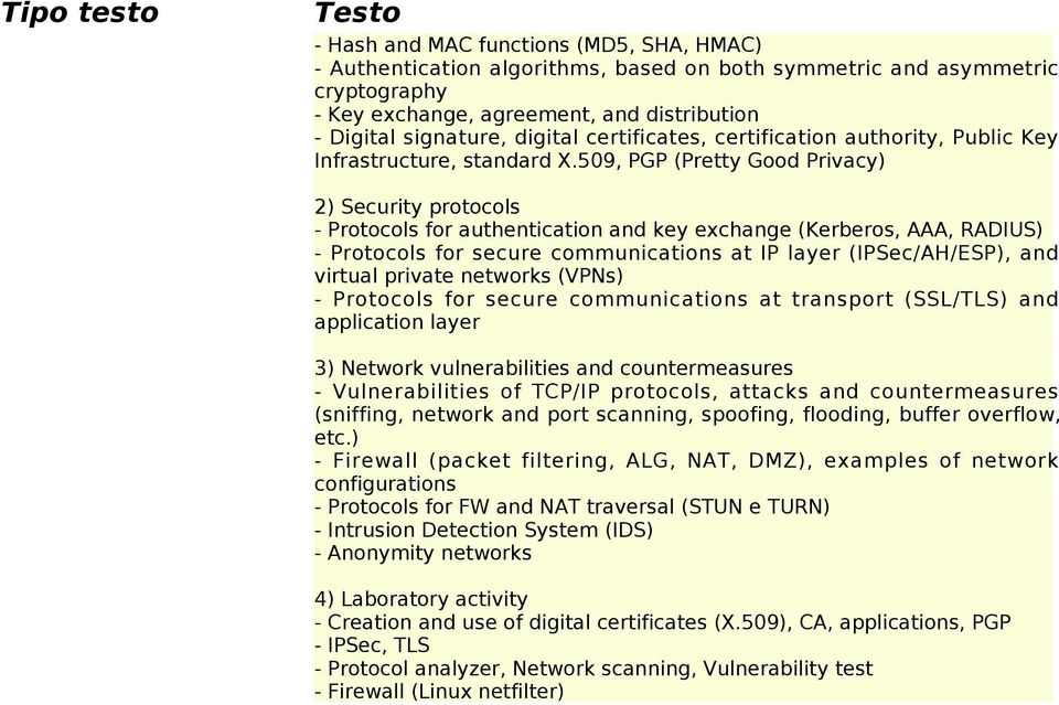 509, PGP (Pretty Good Privacy) 2) Security protocols - Protocols for authentication and key exchange (Kerberos, AAA, RADIUS) - Protocols for secure communications at IP layer (IPSec/AH/ESP), and