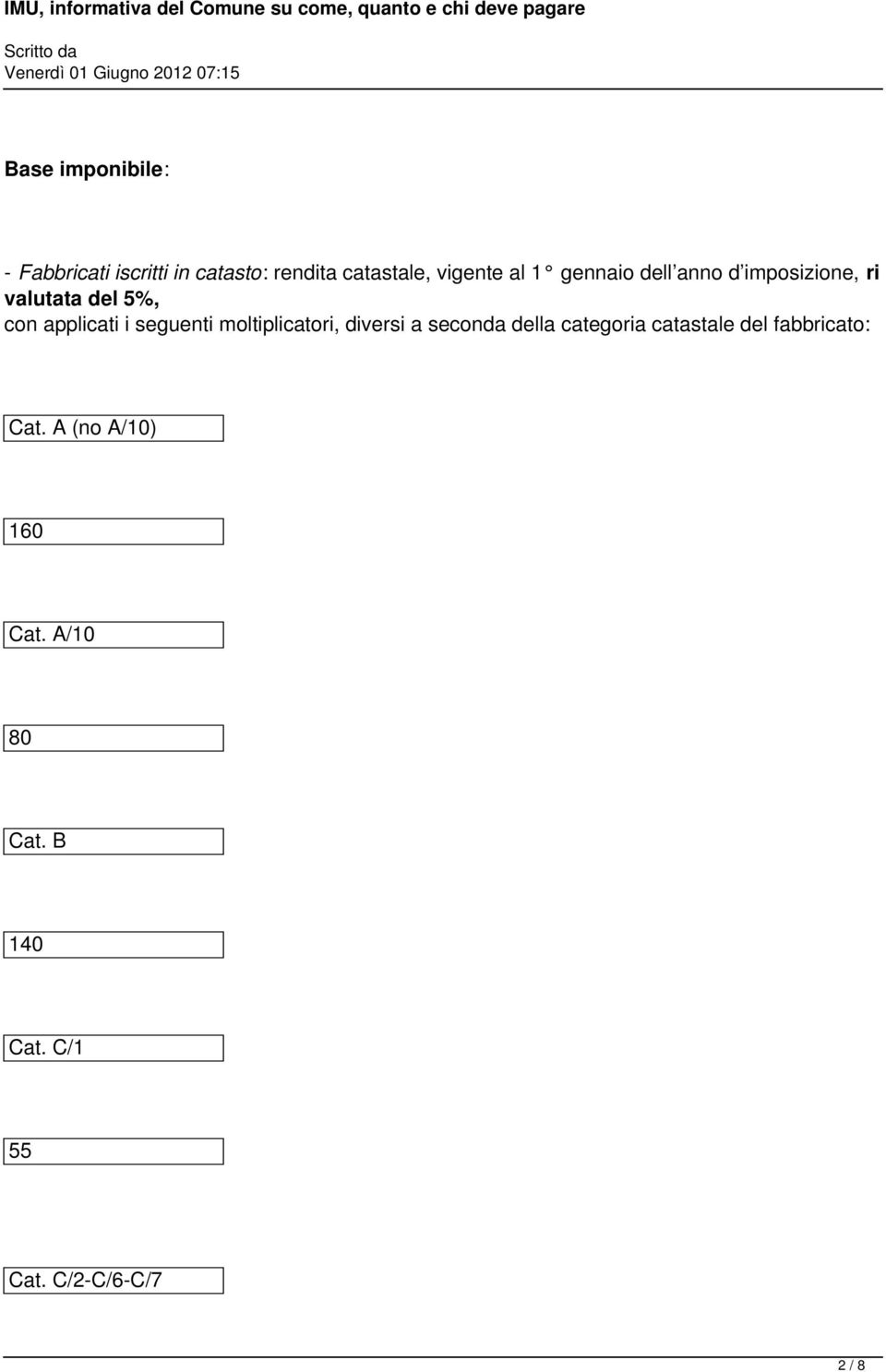 seguenti moltiplicatori, diversi a seconda della categoria catastale del