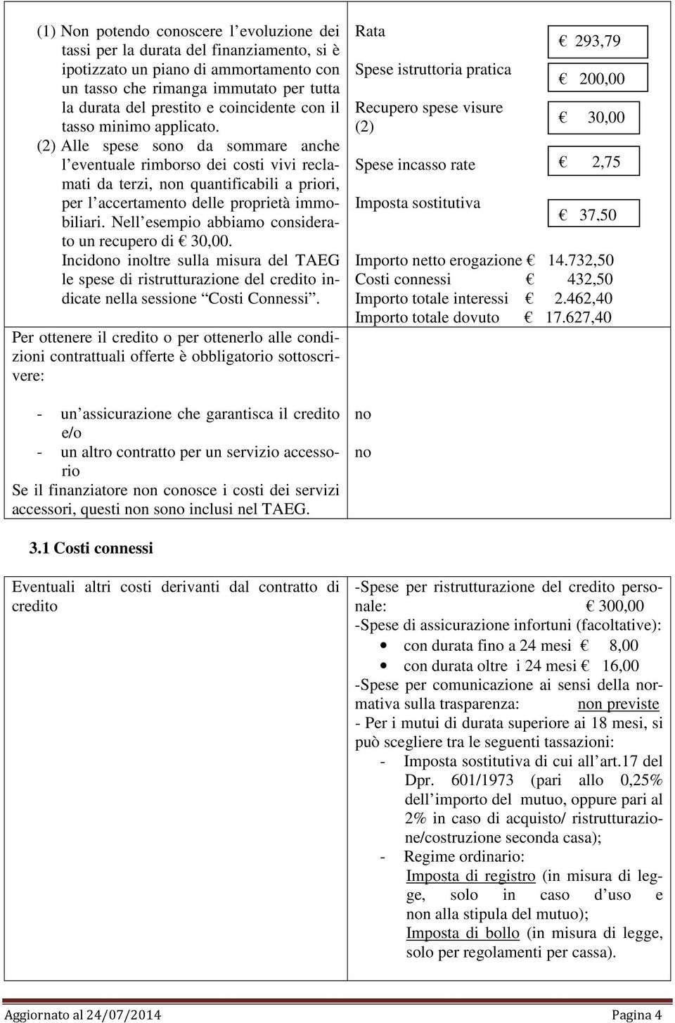 (2) Alle spese sono da sommare anche l eventuale rimborso dei costi vivi reclamati da terzi, non quantificabili a priori, per l accertamento delle proprietà immobiliari.